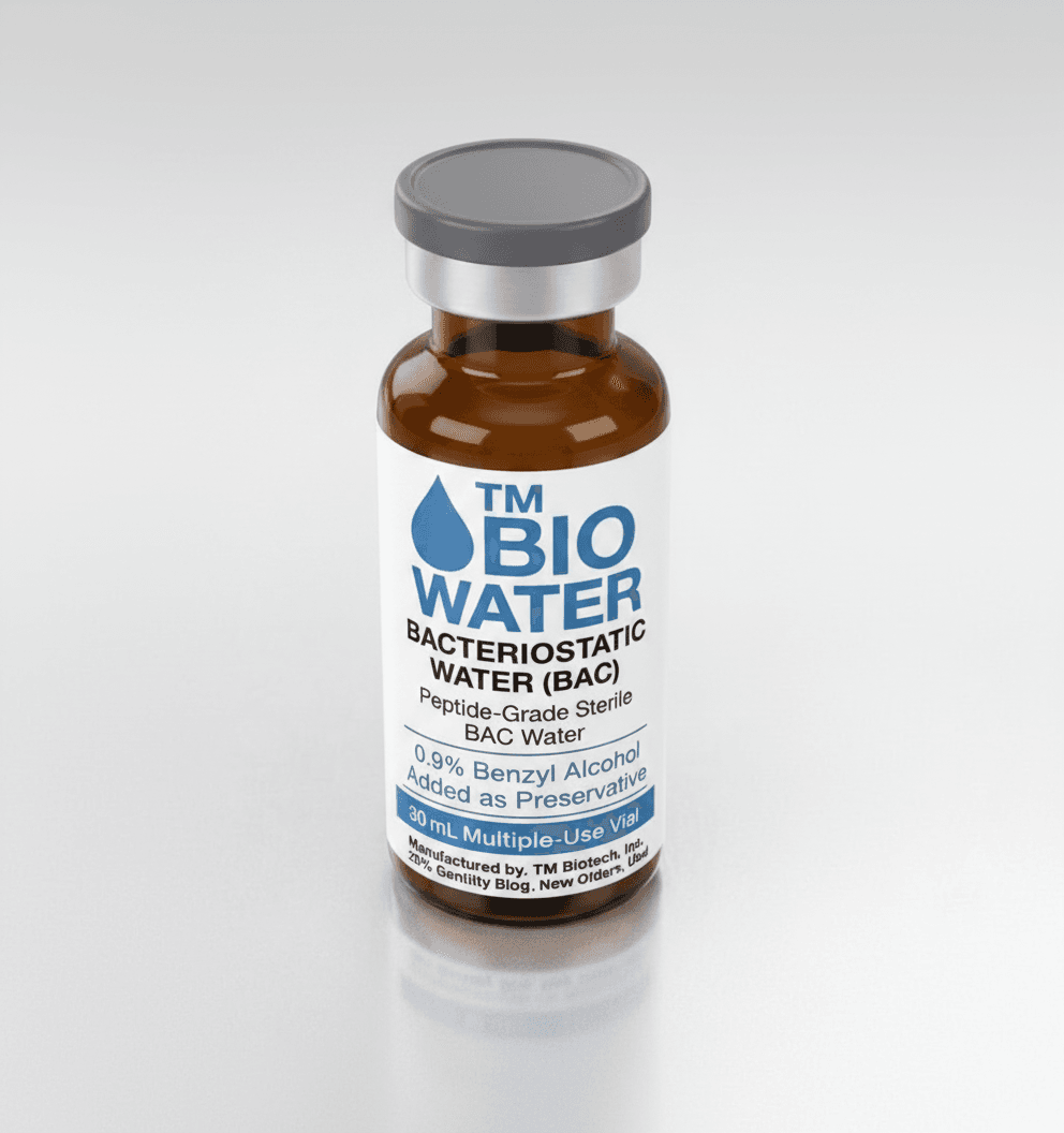 TM Bio Water bacteriostatic water vial in a laboratory setting