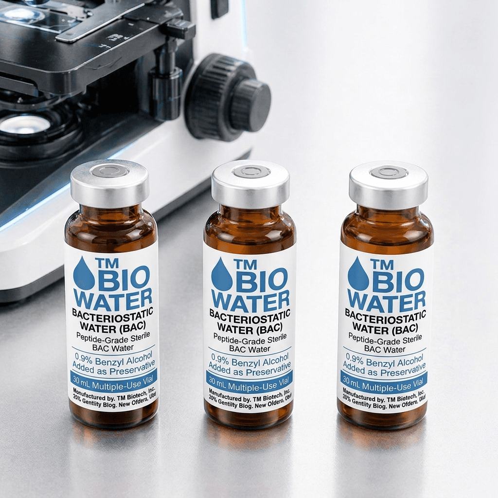 TM Bio Water bacteriostatic water vials beside a microscope